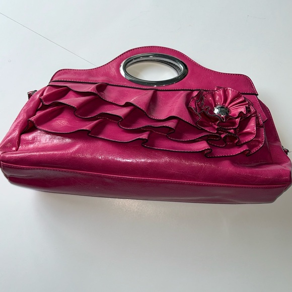 Nicole Miller Handbags - Nicole Miller Pink Ruffled Clutch with Flower Embellishment